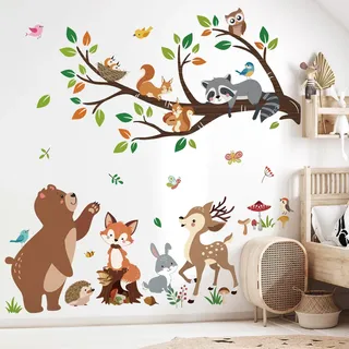 decalmile Wandtattoo Waldtiere Baum Zweig Wandaufkleber Bär Hirsch Fuchs Waschbär Wandsticker Babyzimmer Kinderzimmer Schlafzimmer Wanddeko