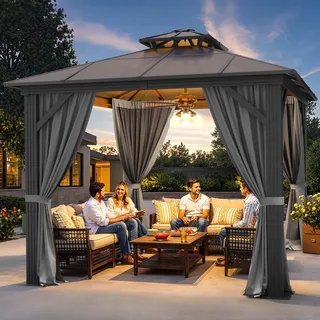 YITAHOME 3 x 3m Wasserdicht Polycarbonat Dach Pavillon mit Doppeldach,Netz und schattigen Vorhängen,Aluminium-Rahmen, Gartenzelt für Terrasse, Hinterhof, Deck und Rasen