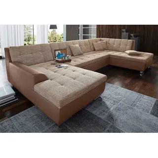 DOMO collection Wohnlandschaft »Treviso incl. Zierkissen, moderne Steppung, XXL: B/T/H: 364/201/83 cm« wahlweise mit Bettfunktion, in vielen Bezugsarten auch in Cord U-Form, braun