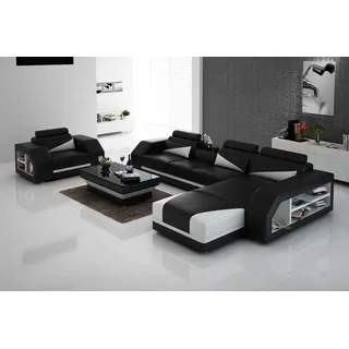 Ledersofa Couch Wohnlandschaft Ecksofa + Sessel Eck  Design Modern Sofa LED USB - Schwarz