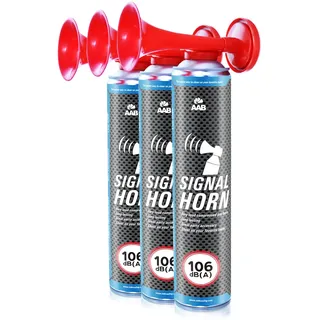 3 x AAB Signal Horn – Laut Drucklufthorn 106 dB(A), Fussball Fanartikel Mit Nicht Brennbarem Gas, Bis Zu 320 Kurze Pieptöne, Fanfare, Gaströte, Stadion Signalhorn, Drucklufthupe, Pressluft Tröte