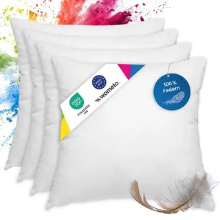 wometo 4er Set Federkissen 100% Federn 55x55-300g Oeko-TEX (4 Stück) | Füllkissen, Sofakissen mit Bezug 100 % Baumwolle weiß (Innenkissen / Kissenfüllung / Kopfkissen)