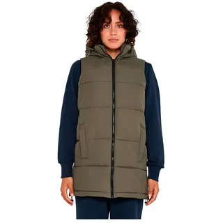 Noisy May Damen Lange Puffer Weste | Wattierte Stepp Übergangsjacke ohne Ärmel | mit Kapuze & Zip NMAURORA, Farben:Olive, Größe:36