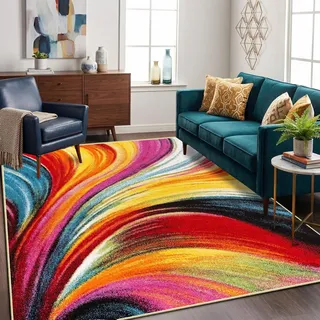 WQMMD Bunt Waschbare Teppiche Kinderzimmer Kurzflor rutschfest Rot Gelb Orange Moderne Wellen Muster Geometrische Teppich Maschinenwaschbar für Wohnzimmer Esszimmer küche Schlafzimmer (120x170cm)