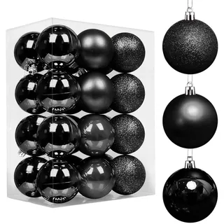 Favuit Weihnachtskugeln, 6cm 24er Christbaumkugeln Set Kunststoff Baumschmuck Christbaumschmuck Weihnachtsbaumschmuck Weihnachtsbaumkugeln Dekokugeln Kugeln Weihnachten(Schwarz)