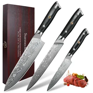 Sunnecko 3 Teilig Damastmesser Messerset, Küchenmesser Fleischmesser Allzweckmesser Damast Messerset mit Damaststahl Klinge und G10 Griff