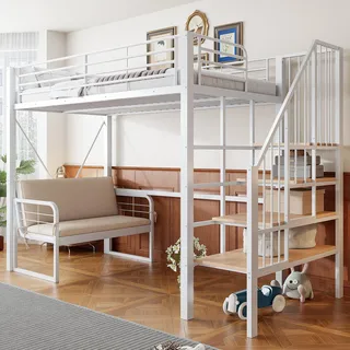 Merax Etagenbett Hochbett 90x200cm mit abnehmbarem Polstersofa, Kinderbett mit stabilem Metallrahmen, Stauraumtreppe, für Kinder & Erwachsene, Weiß - Weiß