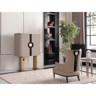 Sessel Gruppe Wohnzimmer Barschrank Modern Ohrensessel Beige Schrank - Beige