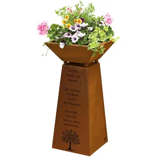Rostikal Pflanzsäule 72 cm - Dekorative Gartensäule aus Metall - inkl. Blumenschale und Familienspruch im Rostdesign - Handgefertigt, Hochwertig, Langlebig