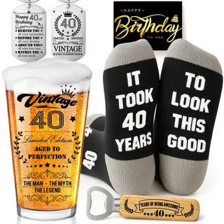 Joybble Geschenke zum 40. Geschenke für Männer, Personalisierte Bierglas mit Gravur, 40-Bierglas in Fassbox 470ml, Deko 40 Geburtstag mit Geburtstagskarte, Lustige Geschenkideen, Flaschenöffner