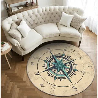 AevuCub Vintage Kompass Teppich Rund 200cm Kurzflor - Waschbare Teppiche Wohnzimmer Nautisch Maritim - Runder Teppich 200 cm Durchmesser Kinderzimmer - Bettvorleger Schlafzimmer rutschfest Weich