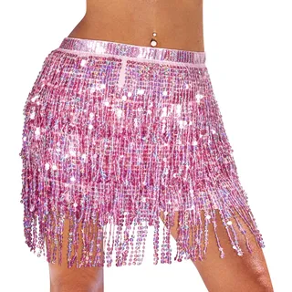 Monbessi Glitzer Rock Damen Pailletten Rock Stilvoll GlitzerRock Karneval FransenRock (Rosa)