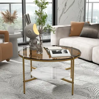 WISFOR rund Couchtisch aus gehärtetes Glas+Marmor+Metall, Wohnzimmertisch Glastisch Sofatisch, mit 2 Ablagen Modern Design, Braun - Braun
