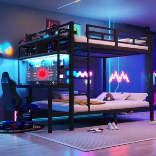 STILVORA Etagenbett 140 x 200 cm mit zwei Matratze, mit Ablagefach, Schreibtisch, LED-Lichtleiste, USB-Anschluss, Sicherheitsgeländer, schwarz - Schwarz