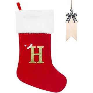 Weihnachtsstrumpf Personalisiert 50cm Großer Nikolausstrumpf mit Buchstaben Plüsch Stockings Hängender Weihnachtsmann mit Namensschild Ornamente Weihnachtsdekorationen für Weihnachtsbaum und Heim (H)