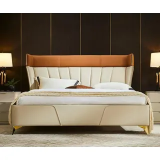 Schlafzimmer Beiges Doppelbett Lederbetten Holzgestell Textil Möbel - Beige