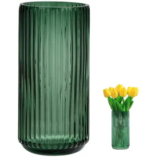 TEUYOE Vasen Glas, 20 cm Gerippte Glasvase,Modern Geriffelte Vase, für Orchideen, Rosen, Tulpen,Wohnzimmer, Esszimmer, Couchtisch, Küche, Büro(Grün)