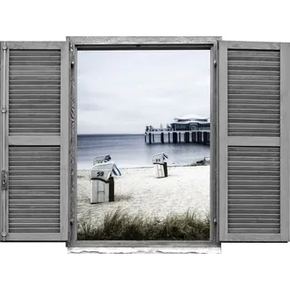 Queence Wandtattoo »Strandkörbe am Meer« Wandsticker, Wandbild, selbstklebend, 3D, Fenster, weiß