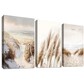 3Pcs Boho Pampasgras Schilf Leinwand Bilder Set Mit Rahmen Poster Natur Strand Ostsee Meereslandschaft Bild auf Leinwand Malerei Wandbilder Wohnzimmer Schlafzimmer Esszimmer Wanddeko 30x40cm x3pcs