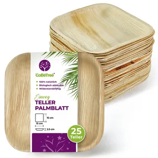 GoBeTree 25 Palmblatt Teller 15x15 cm Einwegteller Quadratisch Dessert. Elegante Einwegteller für Dessert, Snacks und Catering Quadratisch ähnlich Bambus mit Hoher Stabilität