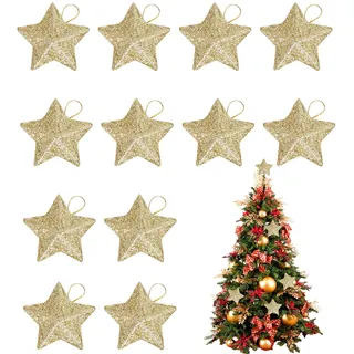 12 Stück Weihnachtsbaumschmuck,Christbaumschmuck,Weihnachtsbaum Deko,Baumschmuck Weihnachten,Weihnachtsstern Anhänger,Klein Glitzer Weihnachtsdeko Gold Stern für Weihnachtsbaum,Kaminen,Fenstern,Tisch