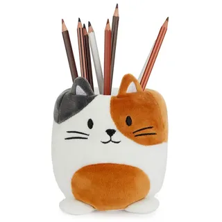 balvi Stiftehalter Fluffy Kitty Calico Farben Weiß, Braun und Grau Flauschig weiche Kaliko-Katze Kuns