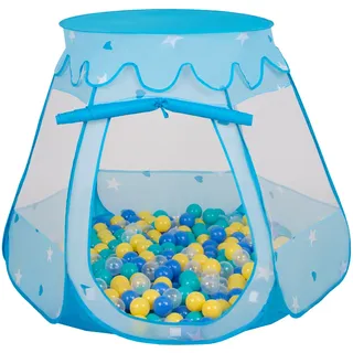 Selonis baby spielzelt mit plastikbällen zelt 105x90cm/300 bälle plastikkugel kinder, blau:türkis-blau-gelb-transparent