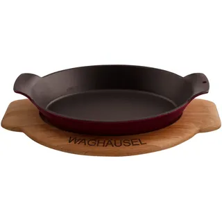 Sallys Gusseisen - Servierpfanne oval 18 x 24 cm - mit Echtholzuntersetzer - Bordeaux