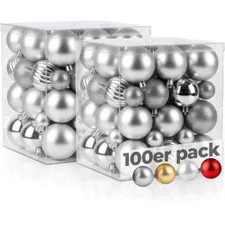 Menz Weihnachtskugeln 100er Silber Mix aus glänzenden matten glitzernden Kugeln 3 4 6cm stilvolle Christbaumkugeln und edle Weihnachtsdeko für Innenbereich
