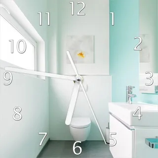 Wallario Design Wanduhr Badezimmer Gästetoilette Innenansicht - WC und Waschbecken aus Echtglas, Größe 20 x 20 cm - Türkis
