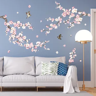 wondever Wandtattoo Rosa Kirschblüte Blumen Wandaufkleber Vögel auf Baum Ast Wandsticker Wanddeko für Wohnzimmer Schlafzimmer Sofa Hintergrund