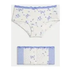 M&S Collection 7er-Pack gestreifte Shorts aus reiner Baumwolle mit Blumenmuster (5-16 J.) - Blue Mix, Blue Mix, 7-8 Y