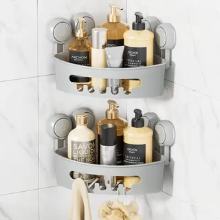 LEVERLOC Duschablage Saugnapf 2 Stück Badregal Duschkorb ohne Bohren Max Hold 10 KG Bad Duschablage für Shampoo Conditioner Halter Duschkorb Kunststoff für Badezimmer Küche Organizer - Grau
