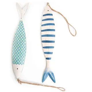 Maritime Fische zum Aufhängen, 2 Stück: Maritim-Hängedeko aus Metall, Meeres-Dekoration Badezimmer & Wohnzimmer, Meer, Strand, Sommer, Bad Deko, Maritimdeko Innen & Geschenke, Baddeko Wand, 25 x 4 cm