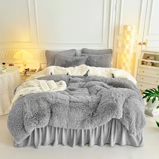 Uozzi Bedding Graues Kunstfell-Bettwäsche-Set für Doppelbett/Queen-Size-Bett – 1 zottelige Bettdecke 90 x 90 cm und 2 Fell-Kissenbezüge, ultraweich und pflegeleicht, Sherpa-Luxus-Plüsch, super warmes