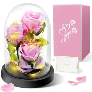 Touloube Geschenke für Frauen - Premium Rose Blume Geschenk, Ewige Rose im Glas Mit Lichter, 3 Rosa Rose in Glaskuppel, Valentinstagsgeschenk für Freundin Mama Mutter Großmutter Oma