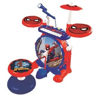 Lexibook Spider K610SP Schlagzeug für Kinder, echter digitaler Drum-Sound, 8-Noten-Tastatu, MP3-Stecker, Sitz inklusive, blau/rot, Mehrfarbig