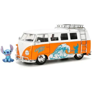 Jada Toys Stitch Auto VW Bus 1961 (19 cm) und Figur (5 cm) - Volkswagen Modellauto mit Sammelfigur, Disney Spielzeug-Set zu Lilo und Stitch aus Metall für Fans und Kinder ab 8 Jahre