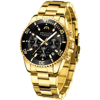 MEGALITH Herrenuhr Chronograph Edelstahl Gold - Armbanduhr Herren Designer Wasserdicht Uhren Herren mit Datum Leuchtende Analog Business Uhr Elegant Geschenk für Männer