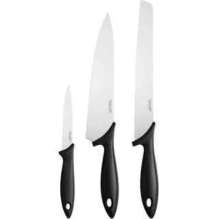 Fiskars Essential Starter Set-3 Pieces-bread Knife Chef ́s Knife & Vegetable Knife Messerset - Black / Silver - One Size