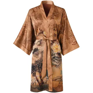 Ledamon Damen Kimono Kurz Robe - Klassischer Floral Bademantel Nachthemd (Champagnerfarben)