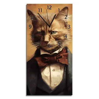 Wallario Design Wanduhr bedruckt, Größe 30 x 60 cm, Motiv: Katze im Anzug - Braun