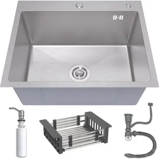 ANW HOME Einspülbecken INOX 60x50 mit Siphon, Abtropfgestell & Seifenspender 350ml, Waschbecken Küche Edelstahl 304 mit 2 HahnLöcher - Silber