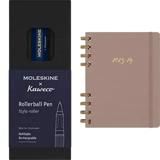Moleskine x Kaweco Tintenroller, Farbe Blau + Akademischer Monatsplaner 2023-2024, 12-Monate-Kalender, Monats-Planner mit Festem Einband, Größe: XL 20 x 25 cm, Crush Almond