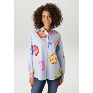 Hemdbluse ANISTON CASUAL, Damen, Gr. 42, bunt (weiß, hellblau, pink, rosa, blau, rot, orange, braun, gelb, oliv, türkis), Web, Obermaterial: 100% Baumwolle, bedruckt, gestreift, oversize Po-bedeckend, 1-Knopf-Manschette, Blusen Hemdbluse, gestreift und mit bunten Schmetterlingen bedruckt - NEUE KOLLEKTION, Topseller