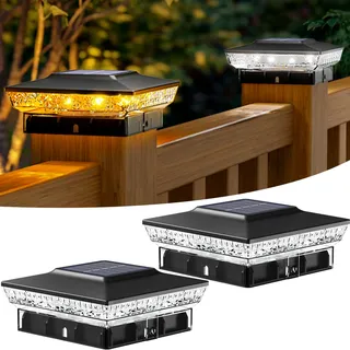 btfarm 2 Stück Pfostenleuchte Solar, 2 Modi LED Pfostenkappe Solar IP65 Wasserfest Pfostenlichter, Solarlampen für Außen Garten Terrasse Zaun 3.5x3.5 4x4 Zoll Hölzerne Pfäle, Warmweiß + Kaltweiß