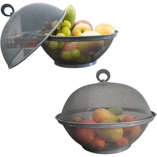 Obstkorb, aus Metall, Dekoration, Arbeitsplatte, Obstschale, Design grau, Netzstoff, mit Deckel, waschbar, Aufbewahrungsbox für Esstisch 594714 Grau (2 Obstkörbe + 2 Deckel; 2 Sets insgesamt)