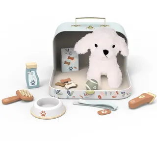 speedy monkey 693010 Spielzeug Hunde Set mit Koffer Zubehör aus Holz, Kuscheltier inkl. Pflegeset, Rollenspiel Holzspielzeug ab 3 Jahren