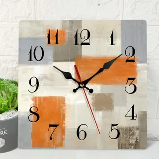 ArtSocket Wanduhr aus Holz, leise, Nicht tickend, abstrakt, orange, braun, grau, geometrisch, kariert, quadratisch, rustikale Wanduhren, Dekoration für Zuhause, Küche, Wohnzimmer, Büro,