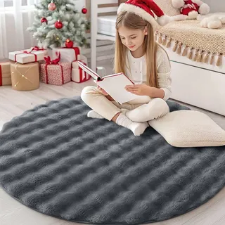 Homaxy 3D Bubble Waschbar Klein Teppich Wohnzimmer 120 cm Rund, Dunkelgrau | Antirutsch Waschbar Teppich, Weich Flauschig Teppiche fürs Kinderzimmer, Schlafzimmer